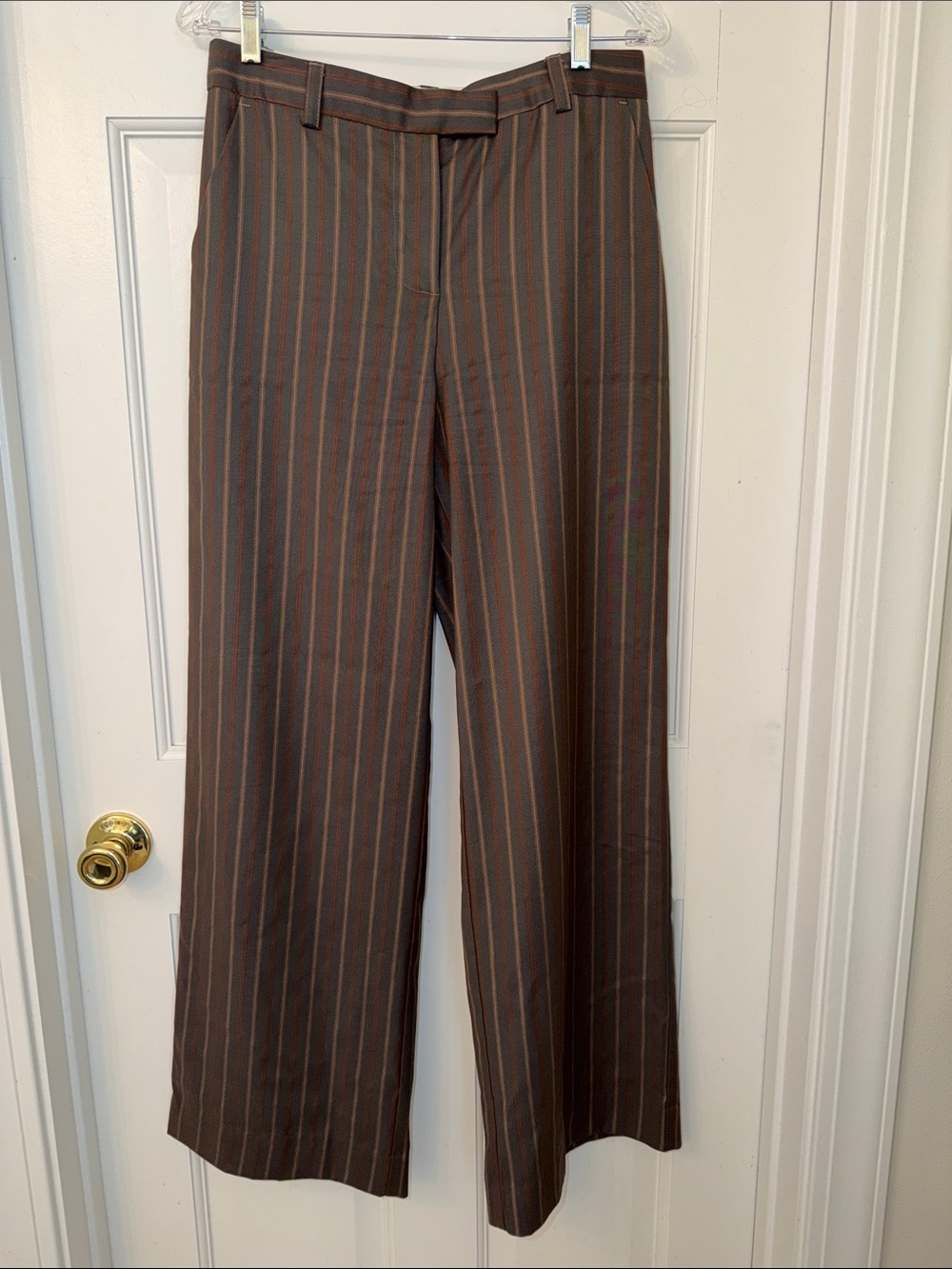 Reformation Brown Pinstripe Wide-Leg Trousers with Rust Stripes